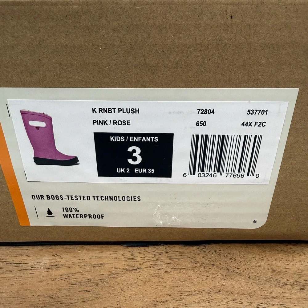 New NIB‎ Big Kids Childrens Bogs Rainboot Plush Pink Waterproof Boots Size 3 Y